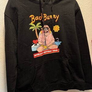 Black Bad Bunny Graphic Hoodie with Tour Design Size XL